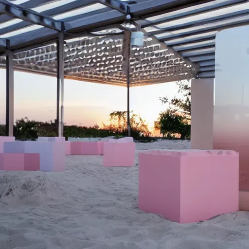 Image similar to An ultra high definition, professional photograph of an outdoor partial IKEA showroom inspired sculpture located on a pastel pink beach ((with pastel pink, dimpled sand where every item is pastel pink. )) The sun can be seen rising through a window in the showroom. The showroom unit is outdoors and the floor is made of dimpled sand. The showroom unit takes up 20% of the frame. Morning time indirect lighting with on location production lighting on the showroom. In the style of wallpaper magazine, Wes Anderson.