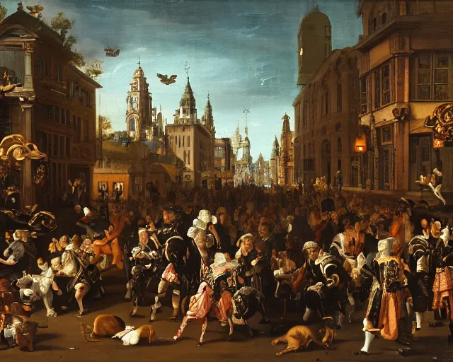 Image similar to baroque dutch painting from 1 6 7 0 of a cyberpunk city nightlife