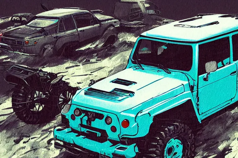 Image similar to digital illustration of a futuristic faded cyan mad max's fj 4 0 decrepit!!!! pursuit special, rusty!!! cyberpunk nissan fj cruiser heavily modded 1 9 9 0 s, the last v 8 interceptor by makoto shinkai, ilya kuvshinov, lois van baarle, rossdraws, basquiat