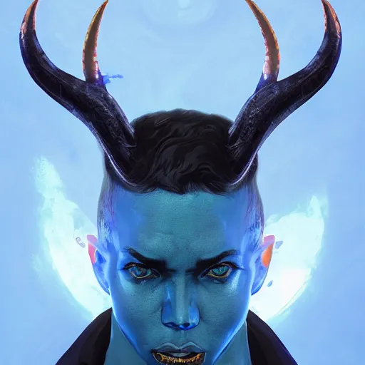 Prompt: blue djinn, horns, 3rd eye, by Maciej Kuciara and Jason Chan, ominous, cosmic horror, trending on artstation