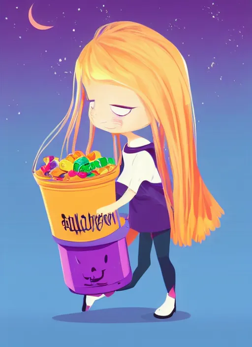 Image similar to three year old girl with long blonde hair in a halloween scene. she is carrying a candy bucket. clean cel shaded vector art. shutterstock. behance hd by lois van baarle, artgerm, helen huang, by makoto shinkai and ilya kuvshinov, rossdraws, illustration, art by ilya kuvshinov