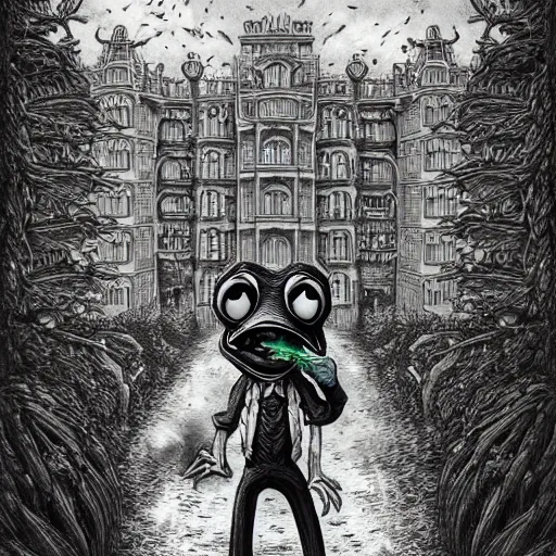 Image similar to A portrait of a scary godlike anthropomorphic frog smoking a cigarette , mushroom mansion in the background . award winning. superb resolution. in the art style of junji Ito and greg rutkowski . Detailed Mushroom city in background. Hyper realistic anime. Perfect art. Dalle2