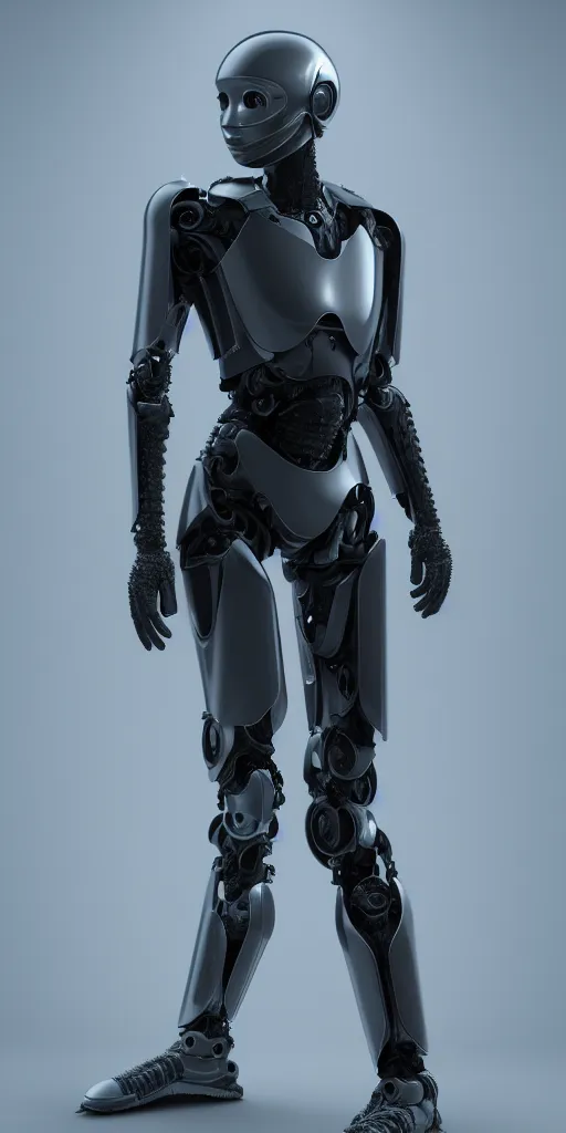 Image similar to hyper realistic ex machina, glossy material hard surface, body armour, octane render, 4 k, volumetric lights