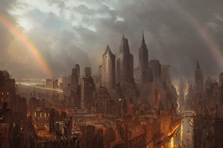 Prompt: A medieval reimaging of New York City after a post-apocalyptic event regresses society into a primitive middle age. Golden hour with a dark stormy sky and rainbow. Very beautiful matte painting by Greg Rutkowski