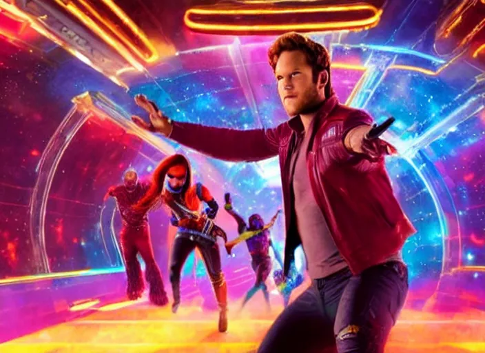 Prompt: film still of star - lord played by chris pratt dancing in a 1 9 7 0 s disco surrounded by colorful neon lights in the new guardians of the galaxy movie, 4 k