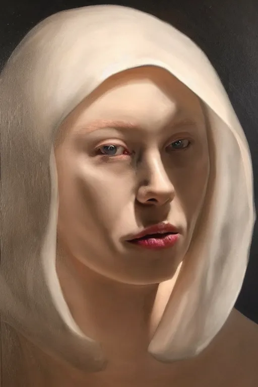 Image similar to hyperrealism oil painting, close - up portrait of albino medieval fashion model, black silk, steel gradient mixed with nebula sky, in style of baroque