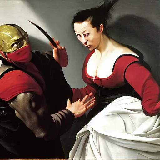 Prompt: woman bewildered by a mortal kombat warrior, by caravaggio