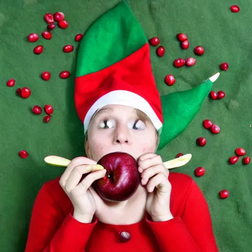 Image similar to a friendly elf eating an apple in the womb.