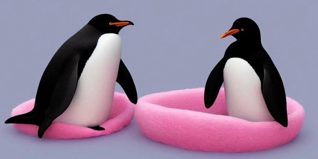 Image similar to realistic penguin sitting in a pink fluffy bed, hyper detailed, trending on artstation