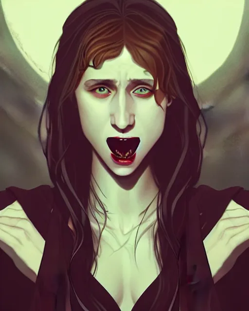 Image similar to in the style of Joshua Middleton and artgerm, evil vampire Taissa Farmiga open mouth with sharp fangs, full body, moody lighting