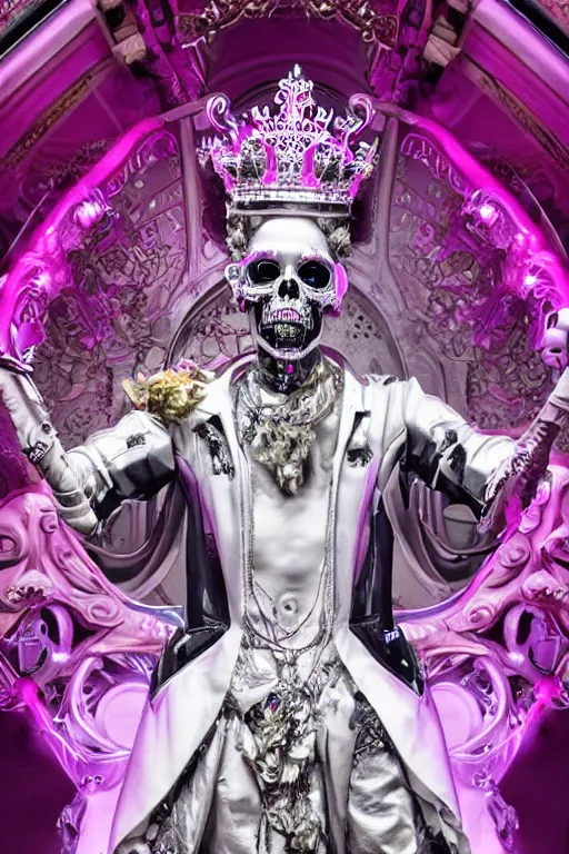 Image similar to full-body rococo and cyberpunk style neon statue of a young attractive portugues macho dotado e rico android sim roupa reclining con piroca dura, glowing white laser eyes, prince crown of pink gears, diamonds, swirling silver-colored silk fabric. futuristic elements. full-length view. space robots. human skulls. intricate artwork by caravaggio. Trending on artstation, octane render, cinematic lighting from the right, hyper realism, octane render, 8k, depth of field, 3D