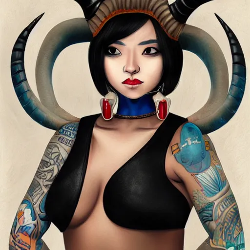 Image similar to illustrated realistic portrait of ram-horned devil woman with blue bob hairstyle and her tan colored skin and with solid black eyes wearing leather by rossdraws