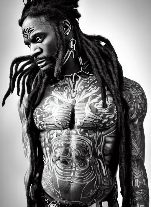 Image similar to Realistic Black man with burning tattoos, superpowers, superhero, tied Dreadlock hair, artistic pose, light atmosphere, cinematic shot, intricate, ornate, photorealistic, ultra detailed, realistic, 100mm, photography, octane, high definition, depth of field, bokeh, 8k, artstation