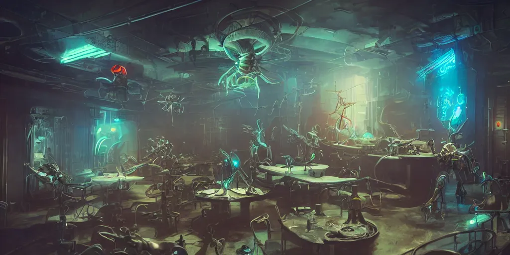 Prompt: interior shot, steampunk insect robots made out of steel in the room on the table. misty neon lights, Peter Mohrbacher, james gurney, cinematic lighting, vibrant nature, volumetric light, artstation, octane render, redshift render, low angle camera