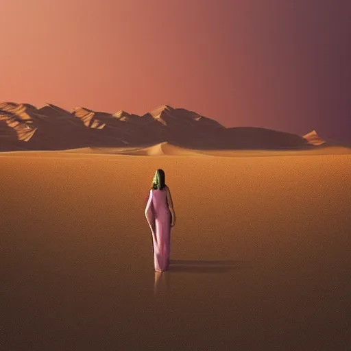 Prompt: “a girl stood among the desert dunes, pondering the mountains in the distance, peaceful pastel palette, matte painting.”