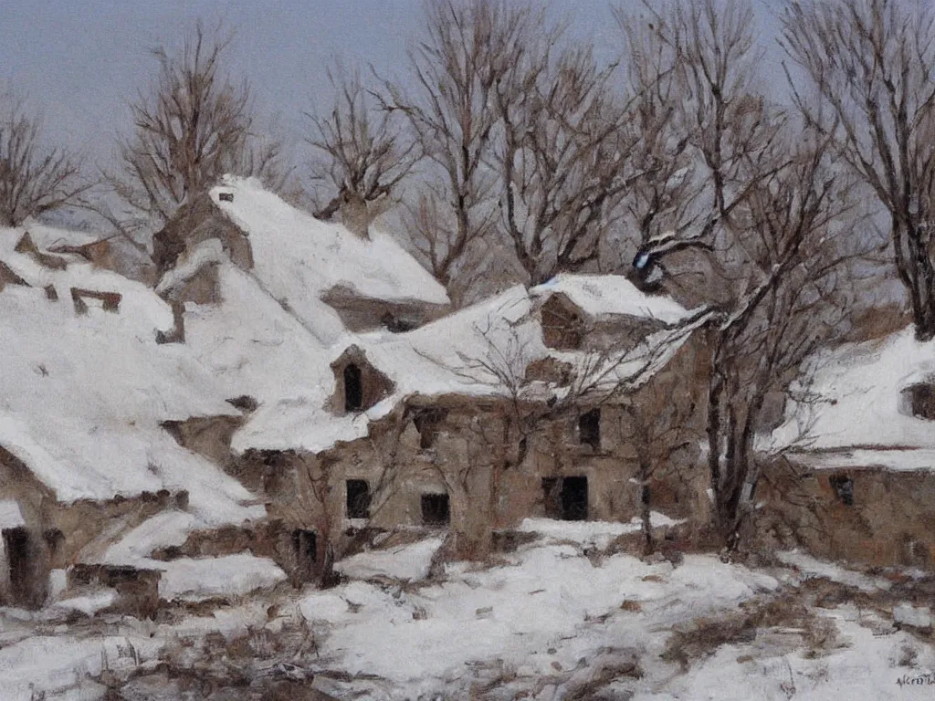 Prompt: Old deserted house filled with snow. Painting by Antonio Lopez Garcia