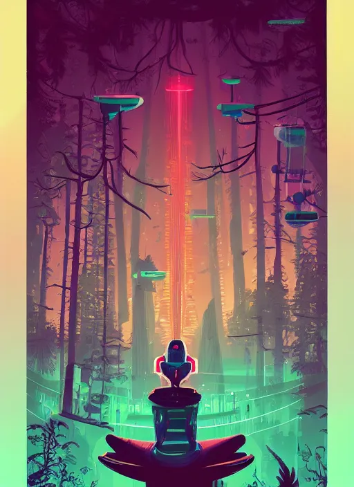 Image similar to an indie game poster of a translucent cyberpunk explorer meditating on an ancient platform in the middle of a dense forest, midnight, risograph by josan gonzalez, colourful flat surreal design, in the style of oxenfree, super detailed, a lot of tiny details