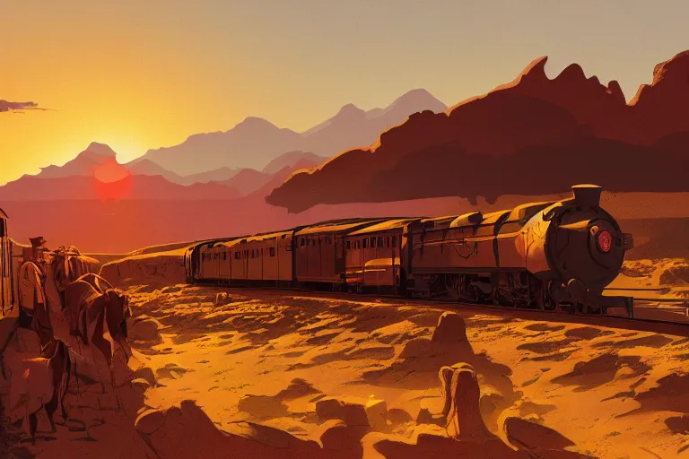 Image similar to idyllic old western train station illustration by syd mead, artstation, 4 k, graphic novel, concept art, matte painting, steam engine, beautiful mountain desert sunset background, golden hour