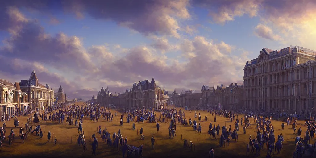 Prompt: a grand victorian parade ground, no people, town setting, blue sky, sunny, detailed, volumetric, cinematic lighting, realistic, digital art by greg rukowski