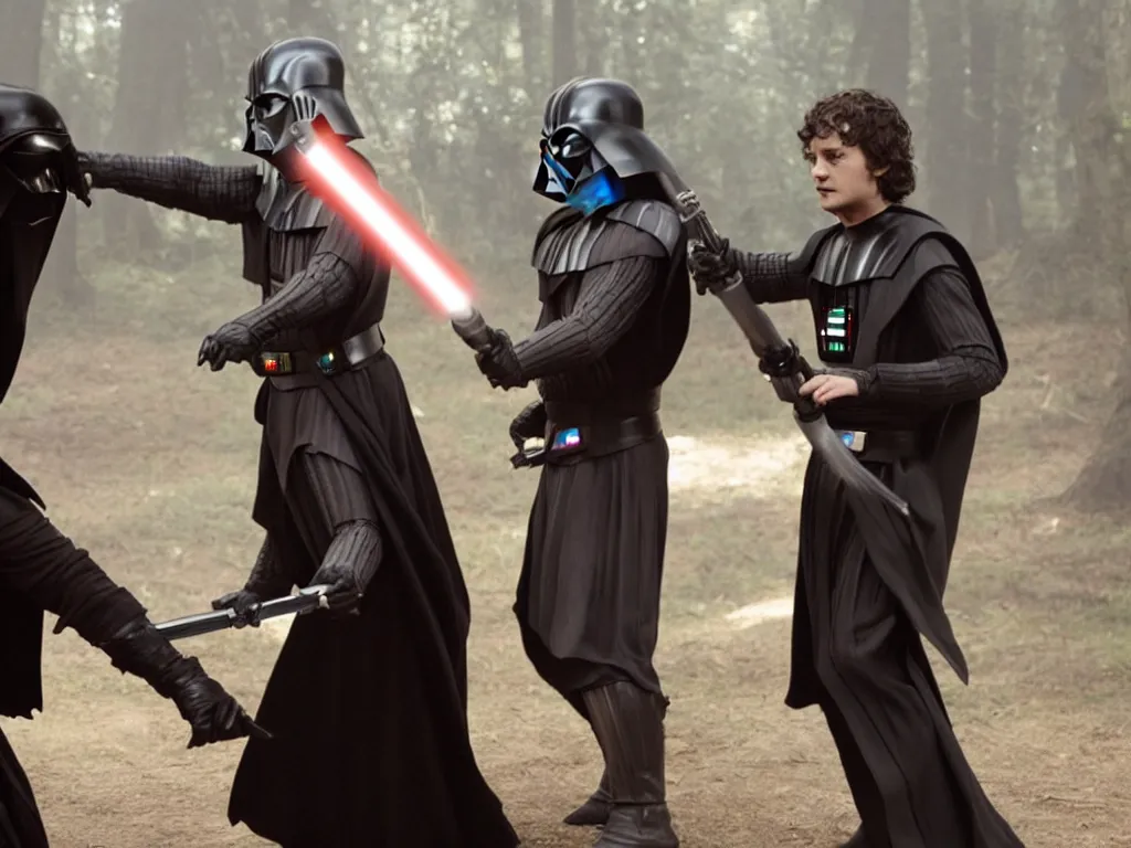 Prompt: Elijah Wood Frodo vs Darth Vader in lightsaber combat