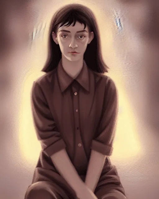 Image similar to portrait of a welsh teenage girl with brown hair, dark brown eyes, glowing skin, delicate features, quiet beauty, amelie poulain, young Mary Louise Parker, fantasy, intricate, elegant, dress shirt, highly detailed, digital painting, artstation, concept art, smooth, sharp focus, illustration, art by Krenz Cushart and Artem Demura and alphonse mucha