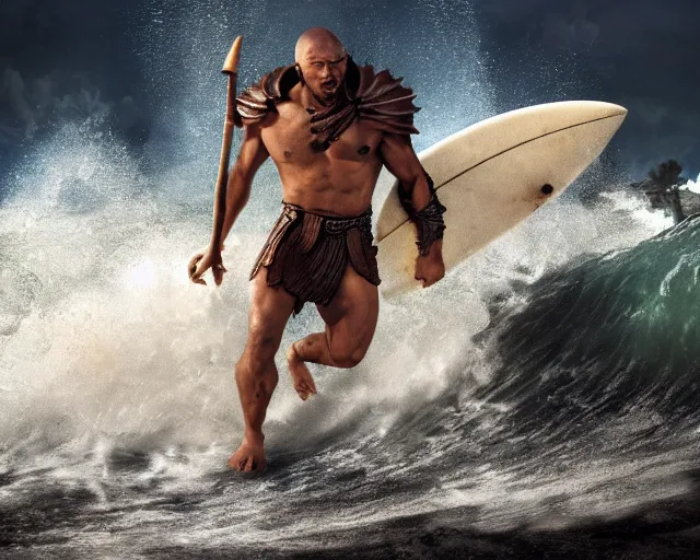 Image similar to single spartan with surfing waves, epic award winning action cinematic still from the movie 3 0 0, 8 k, global illumination, detailed face, muscles, rim highlights, hyper realistic, stunning waves, happy vibes