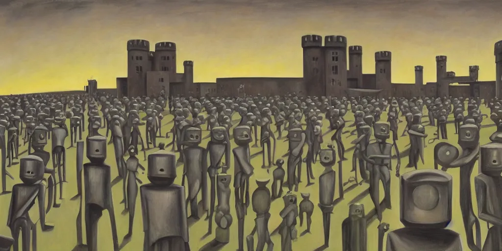 Image similar to row of robots guarding a brutalist castle, evil visages, dystopian, pj crook, edward hopper, oil on canvas