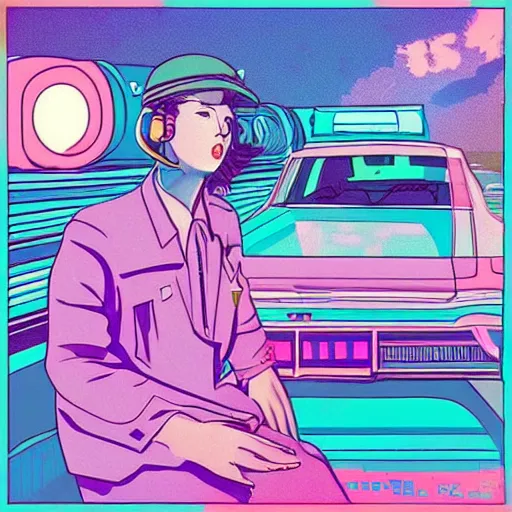 Image similar to lofi vaporwave retro futurism album artwork underground unknown sitting in the back of a police car