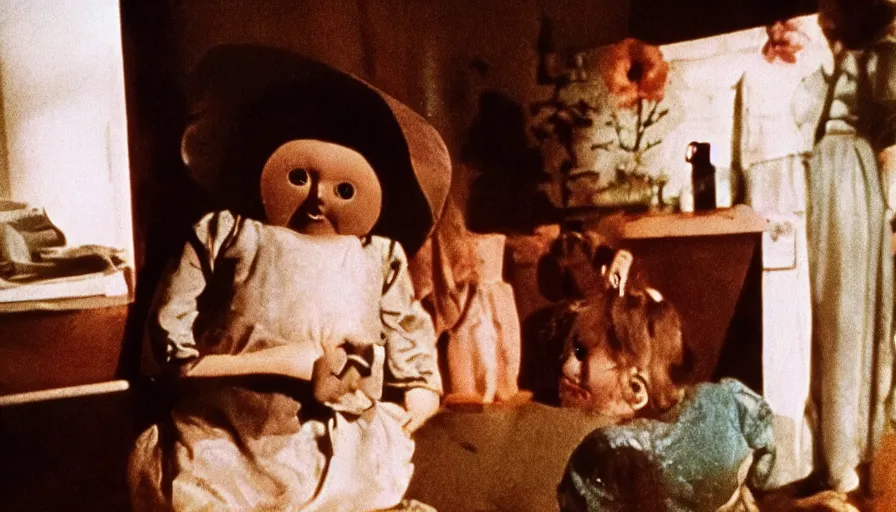 Prompt: 7 0 s film still from a horror movie about midcentury old dolls, kodachrome, cinecolor, cinestill, film grain, film texture, retro, cinematic, high resolution, photorealism,