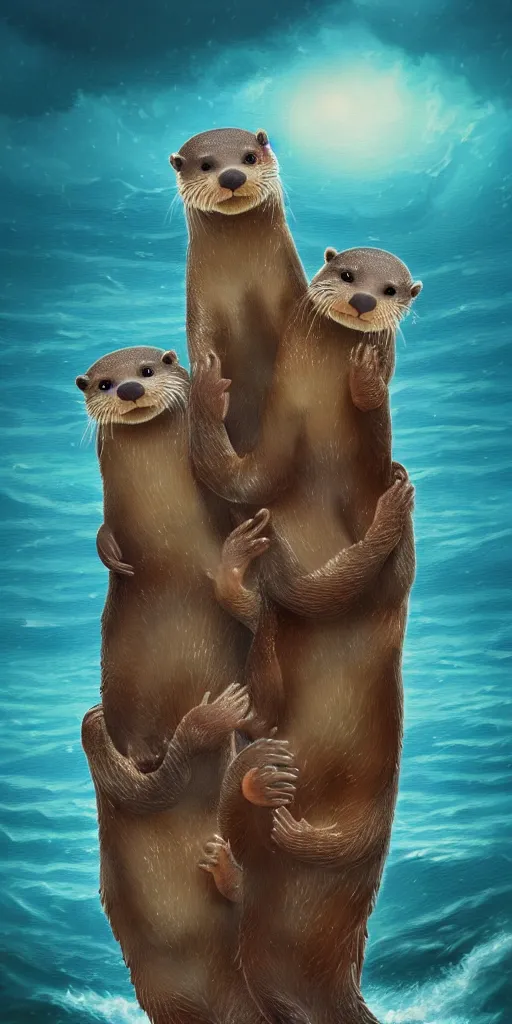 Image similar to family of adorable otters falling in love holding hands side by side, all alone in the middle of a scary storm at sea, fantasy illustration, cinematic, award winning, romantic, detailed trending on artstation, masterpiece