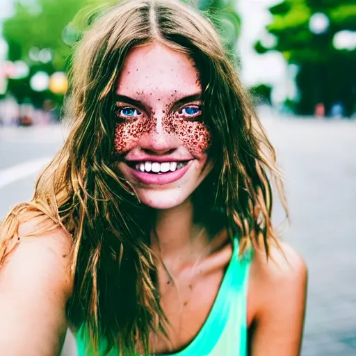 Image similar to a trending photo of over a million views from a female fashion model's instagram account, summer, freckles, smile, green eyes, natural, easygoing, healthy, nikon, leica, zeiss, 5 0 mm lens, flash fill, f 1. 8 depth of field