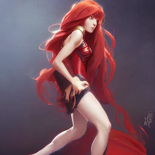 Image similar to a cool red - bun - haired anime girl. she is dressed as a superhero. clean elegant painting, beautiful detailed face. by artgerm and greg rutkowski and alphonse mucha