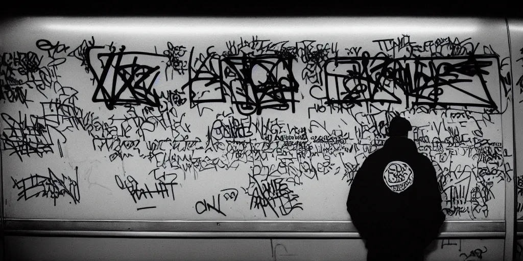 Prompt: subway cabin inside all in graffiti, man in carhartt jacket closeup writing graffiti, night, film photography, exposed b & w photography, christopher morris photography, bruce davidson photography