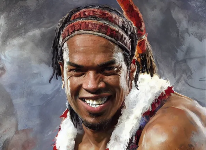 Image similar to a highly detailed beautiful portrait of ronaldinho as kratos, by gregory manchess, james gurney, james jean