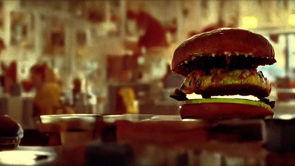 Image similar to the strange cheeseburger creature at the fast food place, film still from the movie directed by denis villeneuve and david cronenberg with art direction by salvador dali and zdzisław beksinski, wide lens