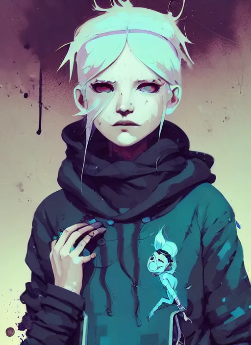 Prompt: highly detailed portrait of a sewer punk lady student, blue eyes, patchwork hoodie, white hair by atey ghailan, by greg rutkowski, by greg tocchini, by james gilleard, by joe fenton, by kaethe butcher, gradient blue, black, brown and cyan color scheme, grunge aesthetic!!! ( ( graffiti tag wall background ) )