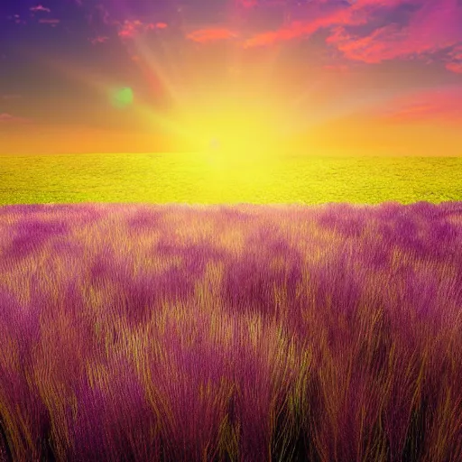 Prompt: a realistic rendering of an interstellar traveller ovelooking an exotic purple grass field with two suns setting in the horizon. Vivid colors