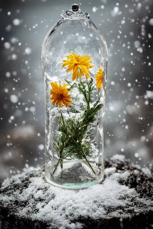 Prompt: a glass jar with summer flowers inside, burried in snow at night, metal lid, hourglass, bokeh, intricate detail, highly detailed, hyperrealistic, dramatic lighting, glowing, cgsociety, sense of awe, mystical, 8 k, beautiful digital art