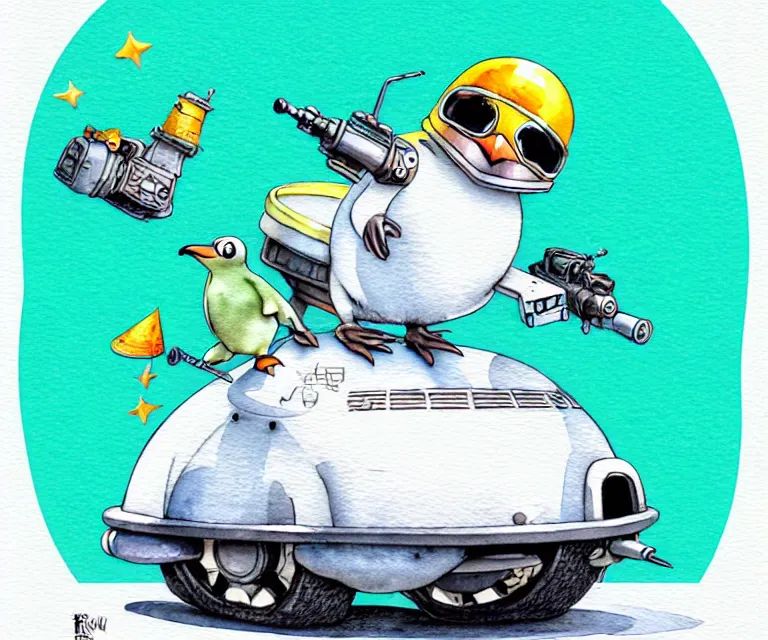 Prompt: cute and funny, penguin wearing a helmet riding in a tiny tank with a large cannon, ratfink style by ed roth, centered award winning watercolor pen illustration, isometric illustration by chihiro iwasaki, edited by range murata, tiny details by artgerm and watercolor girl, symmetrically isometrically centered, sharply focused
