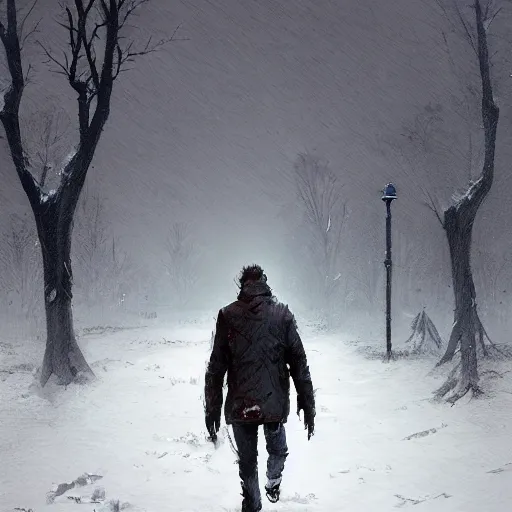 Prompt: a man walking in the snow in zombie apocalypse by greg rutkowski