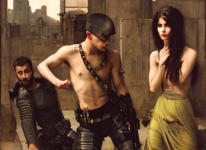 Image similar to sophia evades sgt Nash. Cyberpunk thief wearing combat vest escaping menacing police troopers (blade runner 2049). Gorgeous face. Iranian orientalist portrait by john william waterhouse and Edwin Longsden Long and Theodore Ralli and Nasreddine Dinet, oil on canvas. Cinematic, hyper realism, realistic proportions, dramatic lighting, high detail 4k