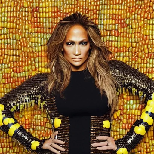 Image similar to full body photo of jennifer lopez, she is wearing a funny kid's hallowen costume of corn on a cob, studio lighting, corn on a cob everywhere