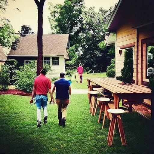 Image similar to “men walking into a backyard to find a table filled with milkshakes”