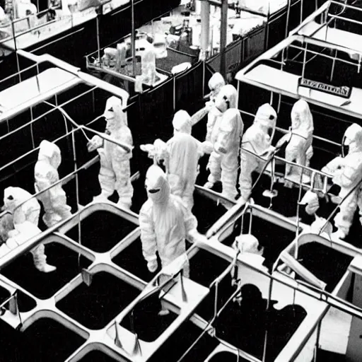 Image similar to MC Escher style underground lab, sterile, human farm, staff wearing hazmat suits, unknown location, photo taken from above, light and shadows