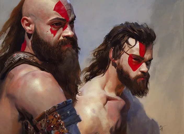 Image similar to a highly detailed beautiful portrait of harry styles as kratos, by gregory manchess, james gurney, james jean