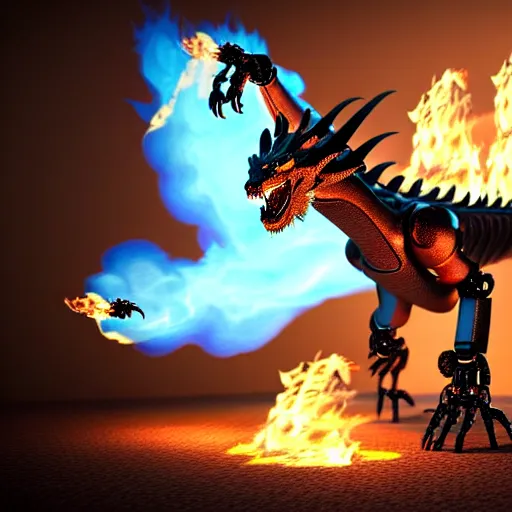 Image similar to an illustration of the full body of a robotic anthromorphic dragon emitting flames from its hands, floating off the ground, photorealistic 3D render, coherent like Dall-E 2