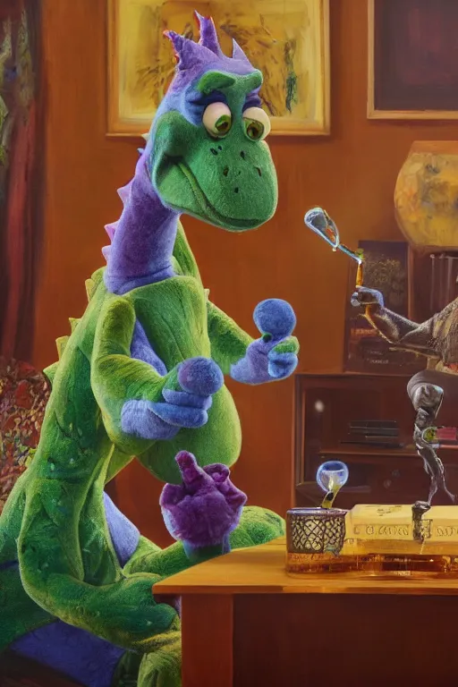 Image similar to still from kids tv show, retired barney the dinosaur, sitting in a lounge, sipping whiskey and smoking a cigar, oil on canvas, intricate, portrait, 8 k highly professionally detailed, hdr, cgsociety