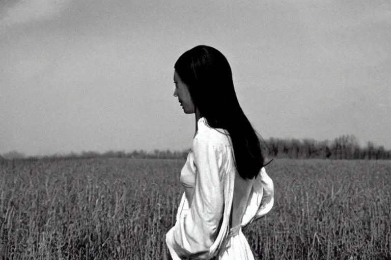 Image similar to a closeup of a woman's back in a countryside, Andrei Tarkovsky film style, photography, 1970s