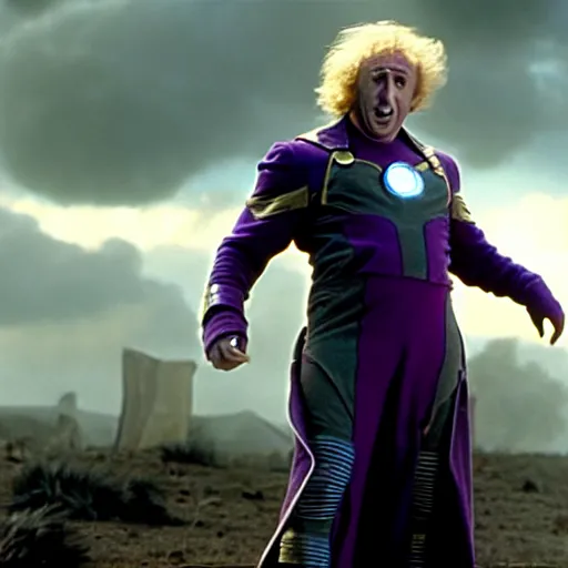 Image similar to film still, gene wilder as thanos in avengers end game, cinematic, epic action