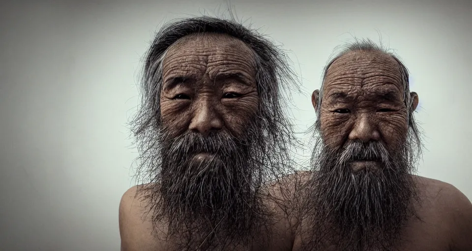 Prompt: full body shot of old asian man with long beard, his head covered in roots, full face occult silver mask, bright multiple glowing eyes, holding a large carved wooden dark fractal stick, thick smoke around him, in the burning soil desert, cinematic shot, wide angle, dark desert background, volumetric lighting by Denis Villeneuve, Lubezki, Gaspar Noe, Christopher Doyle and Alejandro Jodorowsky, anamorphic lens, anamorphic lens flares, kodakchrome, cinematic composition, practical effects, award winning photo, 8k